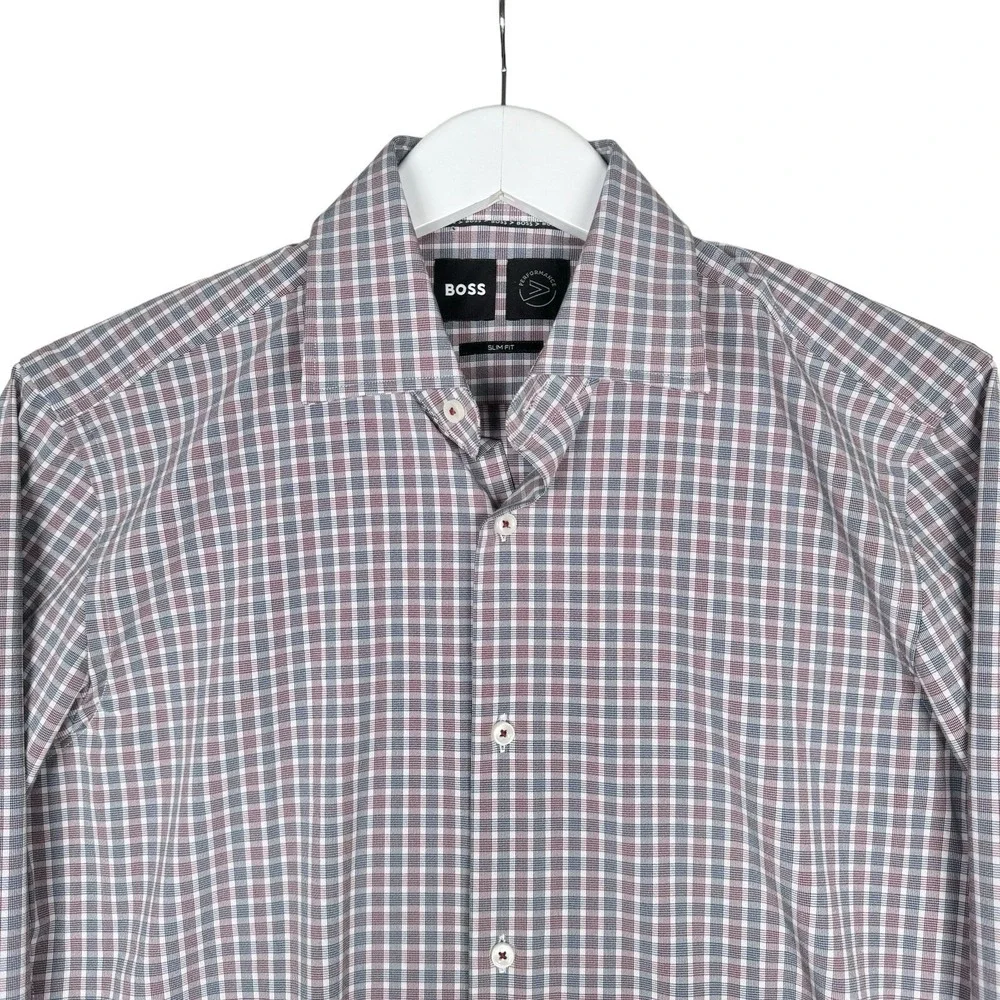 Hugo Boss Performance Slim Button Up Plaid Burgundy Blue - Small 14 1/2